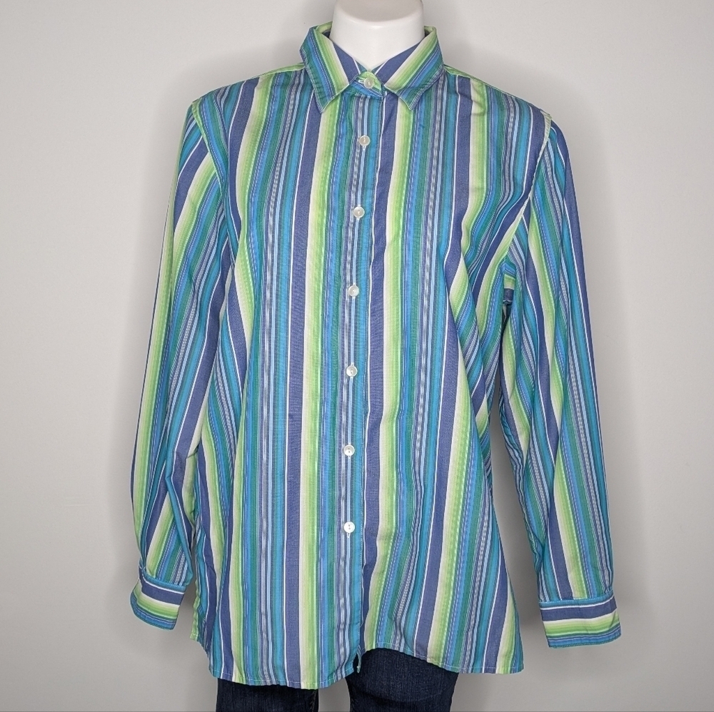Foxcroft Blue Green Striped Long Sleeve Cotton Blend Button Up 12